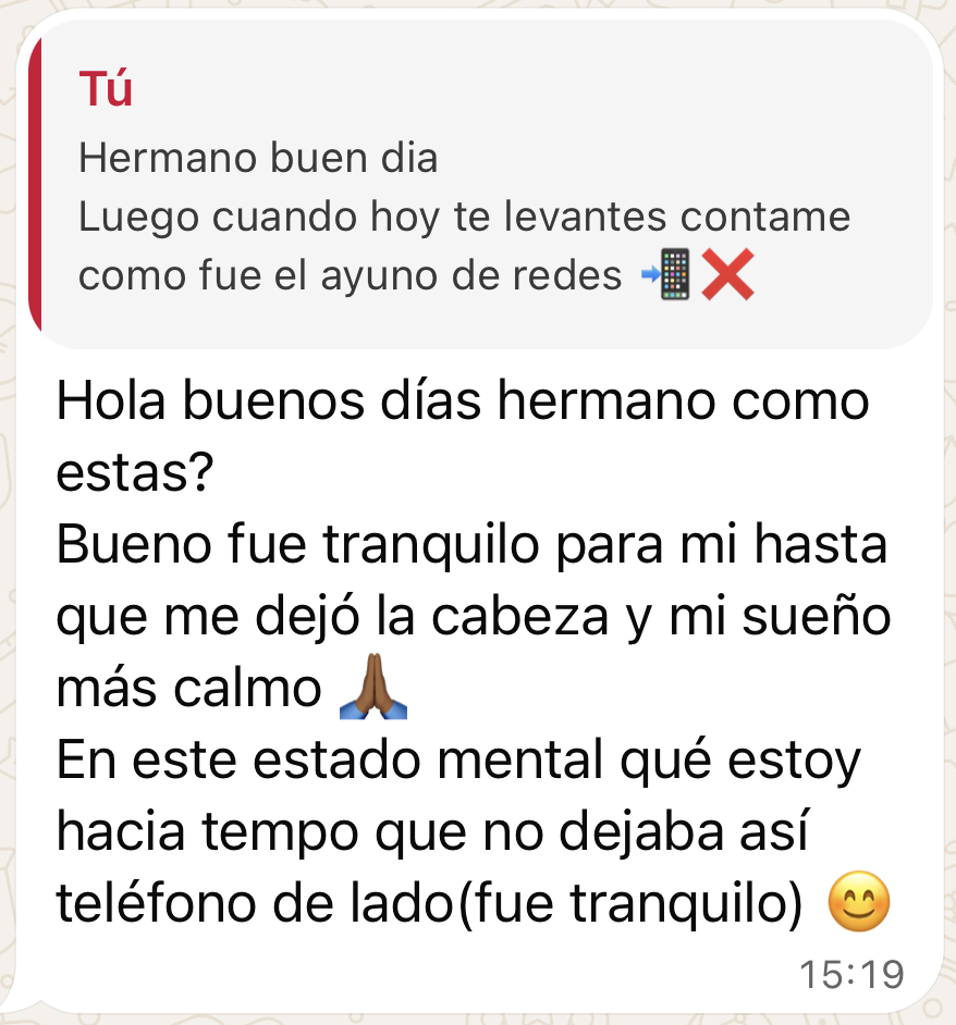 Captura de mensajes de Esteban contando cómo le fue con el ayuno de redes